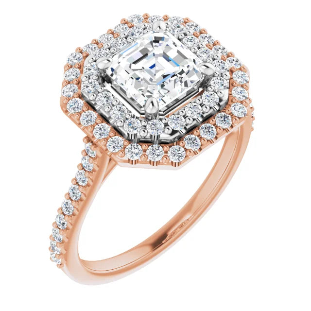 Asscher Double Halo Rose & White Gold Moissanite Engagement Ring