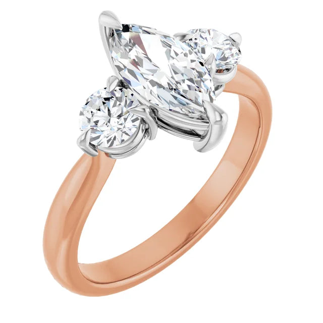 Marquise White & Rose Gold Tri Stone Moissanite Engagement Ring