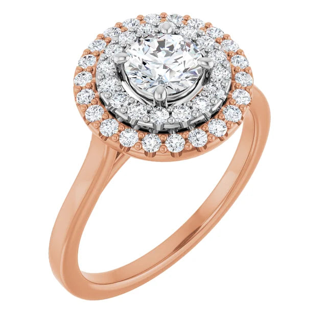 Round Brilliant White & Rose Gold Double Halo Solitaire Moissanite Engagement Ring