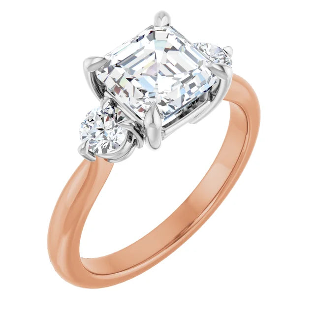 Asscher White & Yellow Gold Tri Stone Moissanite Engagement Ring