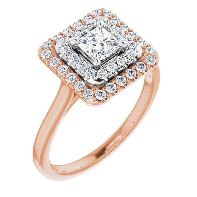 Princess White & Rose Gold Double Halo Solitaire Moissanite Engagement Ring