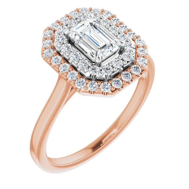 Emerald White & Rose Gold Double Halo Solitaire Moissanite Engagement Ring
