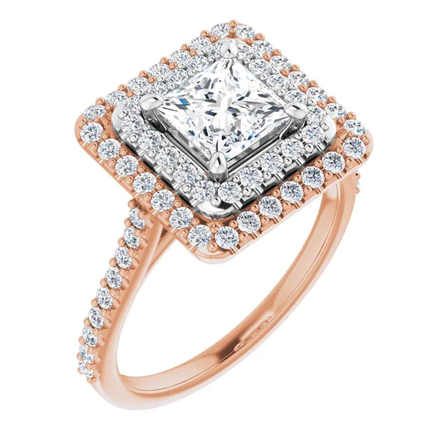 Princess Double Halo White & Rose Gold Moissanite Engagement Ring