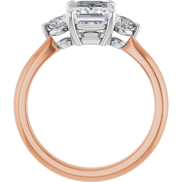 Emerald White & Rose Gold Tri Stone Moissanite Engagement Ring