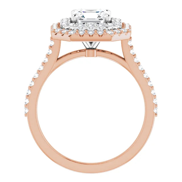 Asscher Double Halo White & Rose Gold Moissanite Engagement Ring