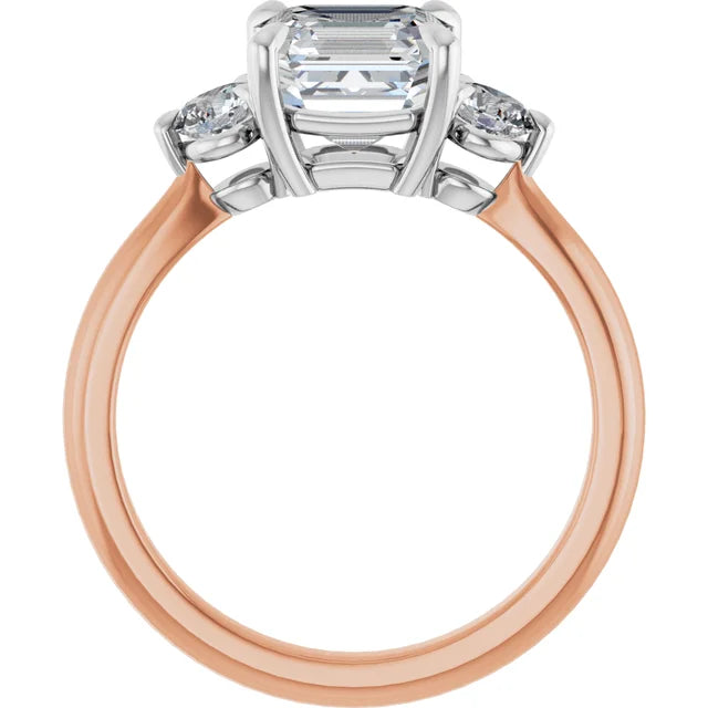 Asscher White & Rose Gold Tri Stone Moissanite Engagement Ring