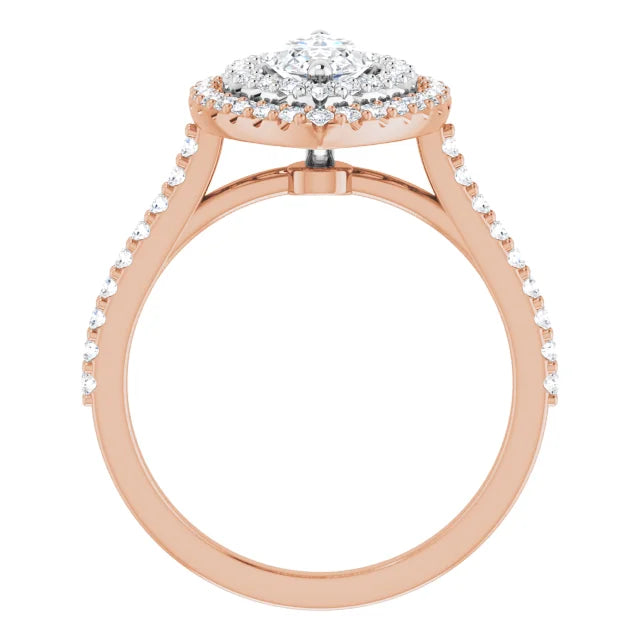 Marquise Double Halo White & Rose Gold Moissanite Engagement Ring