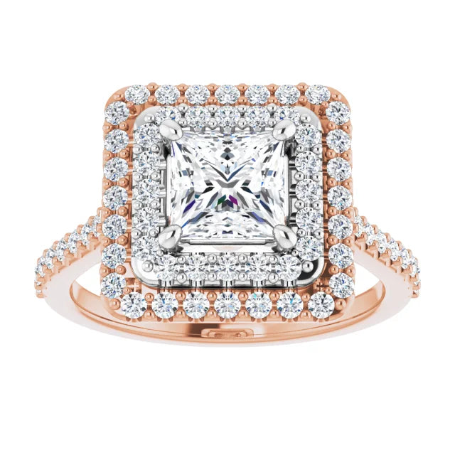 Princess Double Halo White & Rose Gold Moissanite Engagement Ring