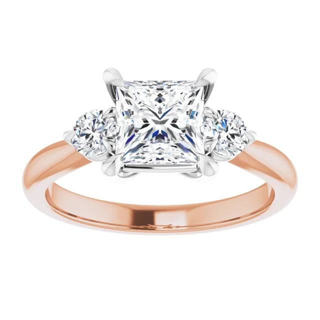 Princess White & Rose Gold Tri Stone Moissanite Engagement Ring