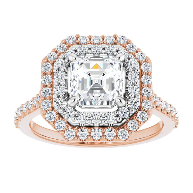 Asscher Double Halo White & Rose Gold Moissanite Engagement Ring
