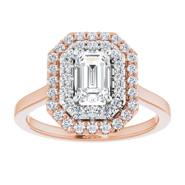 Emerald White & Rose Gold Double Halo Solitaire Moissanite Engagement Ring