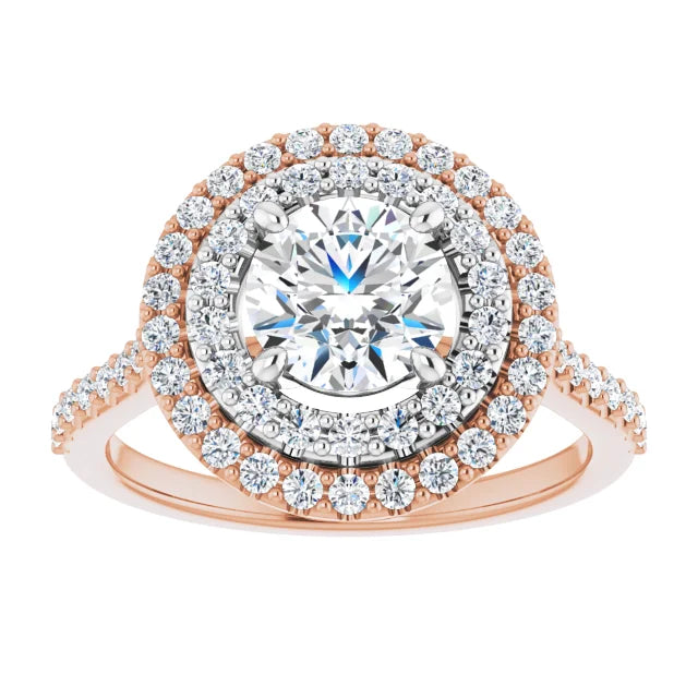 Round Brilliant Double Halo White & Rose Gold Moissanite Engagement Ring