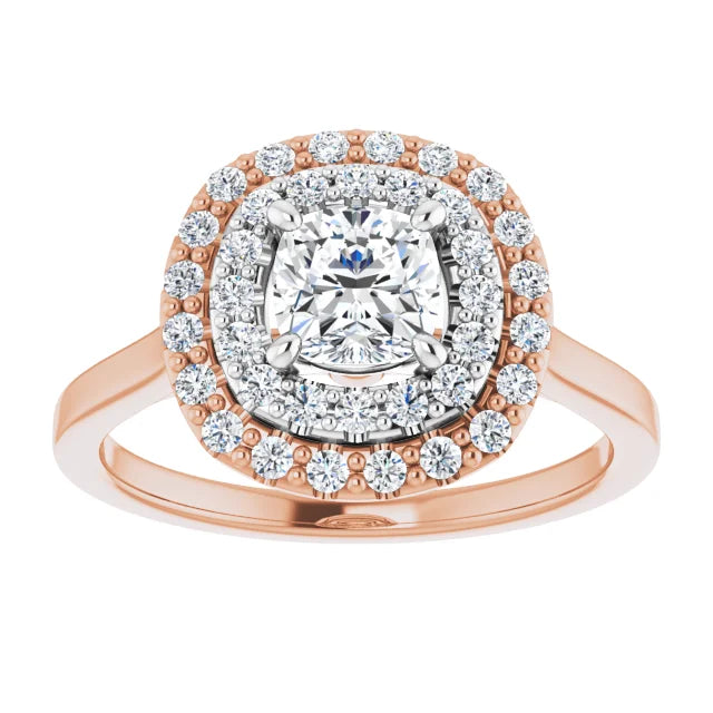Cushion White & Rose Gold Double Halo Solitaire Moissanite Engagement Ring