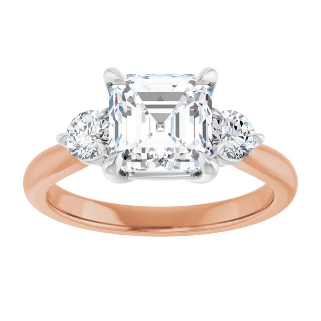 Asscher White & Rose Gold Tri Stone Moissanite Engagement Ring