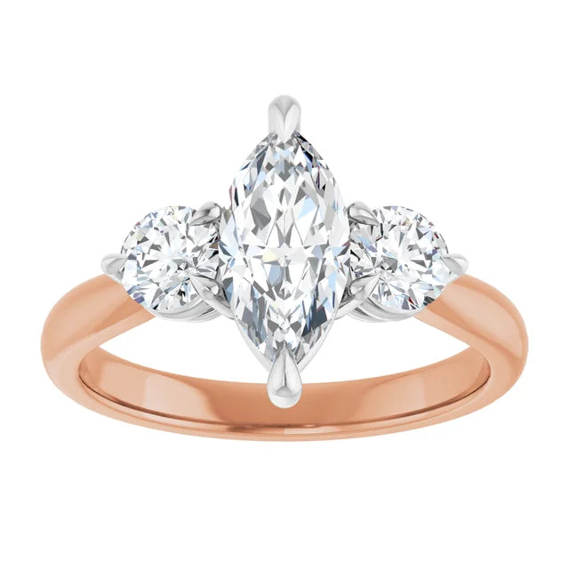 Marquise White & Rose Gold Tri Stone Moissanite Engagement Ring