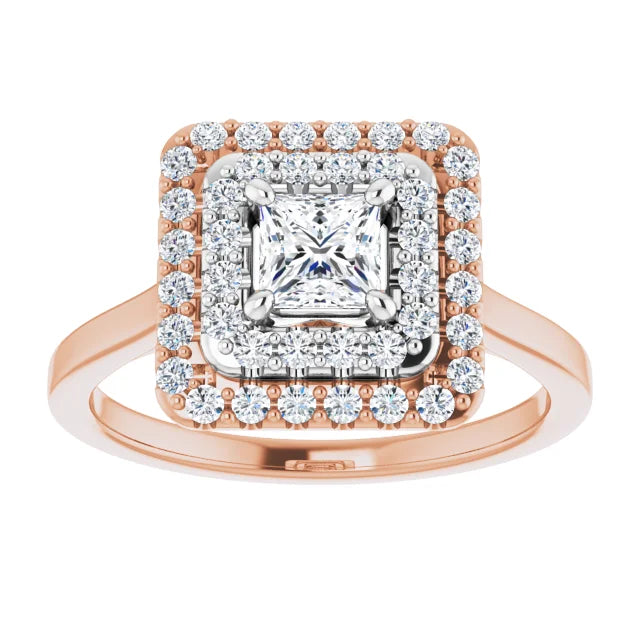 Princess White & Rose Gold Double Halo Solitaire Moissanite Engagement Ring