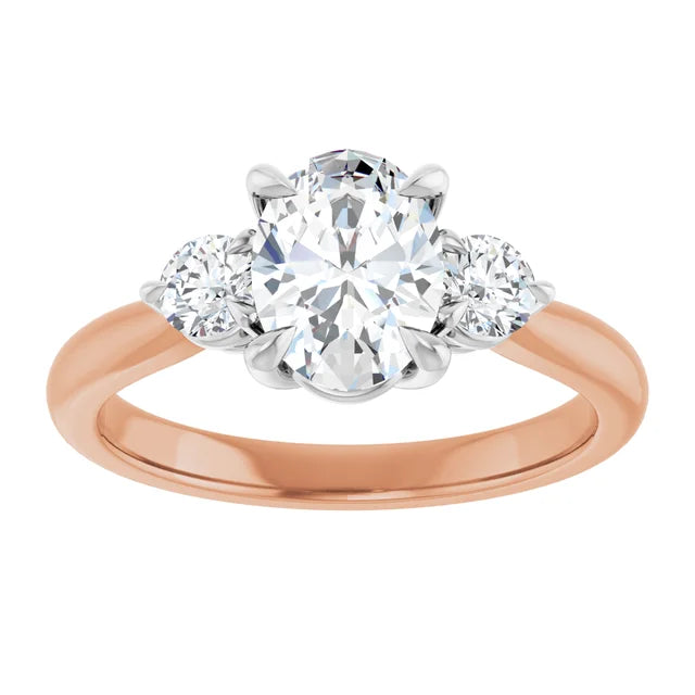 Oval White & Rose Gold Tri Stone Moissanite Engagement Ring