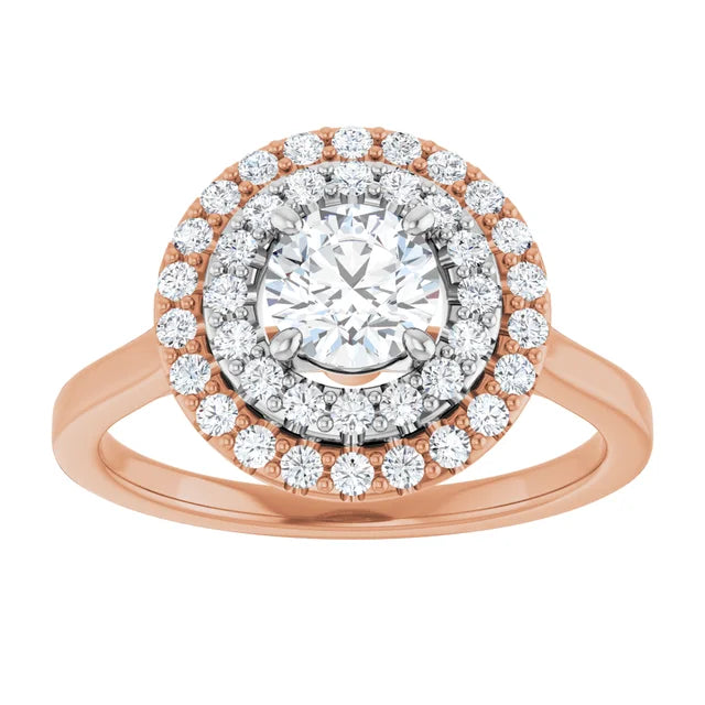 Round Brilliant White & Rose Gold Double Halo Solitaire Moissanite Engagement Ring