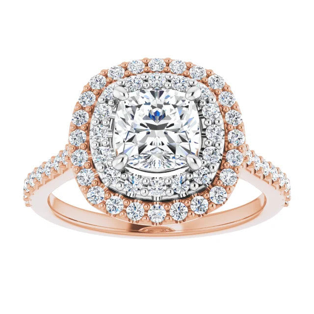 Cushion Double Halo White & Rose Gold Moissanite Engagement Ring