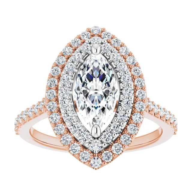 Marquise Double Halo White & Rose Gold Moissanite Engagement Ring
