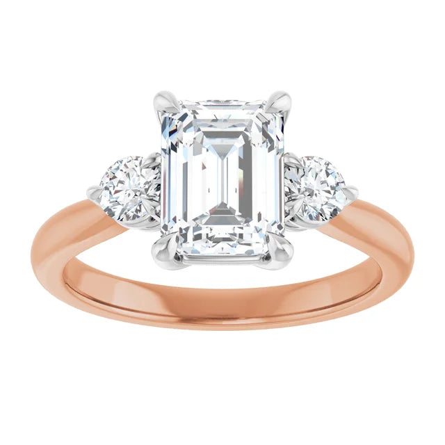 Emerald White & Rose Gold Tri Stone Moissanite Engagement Ring