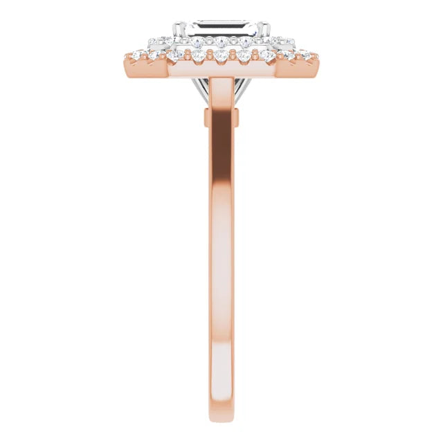 Emerald White & Rose Gold Double Halo Solitaire Moissanite Engagement Ring