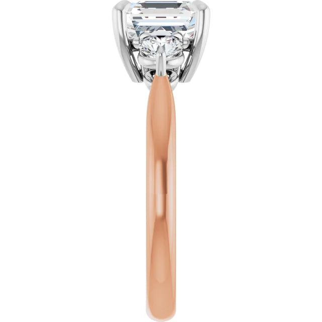 Asscher White & Rose Gold Tri Stone Moissanite Engagement Ring