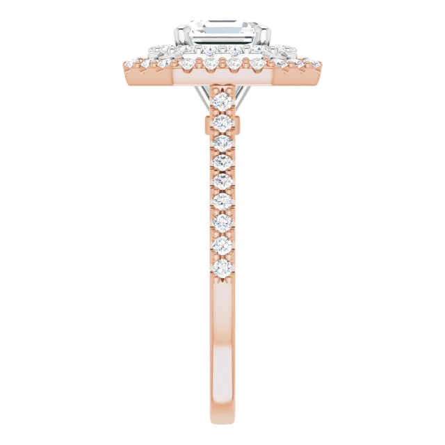 Asscher Double Halo White & Rose Gold Moissanite Engagement Ring