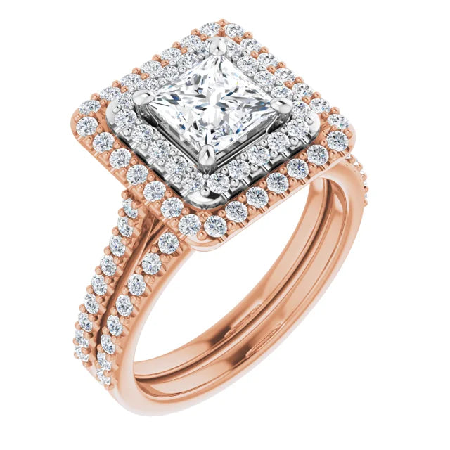 Princess Double Halo White & Rose Gold Moissanite Engagement Ring