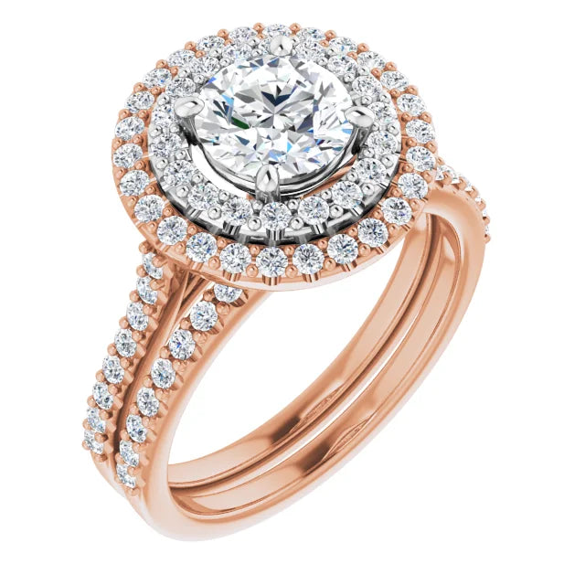 Round Brilliant Double Halo White & Rose Gold Moissanite Engagement Ring