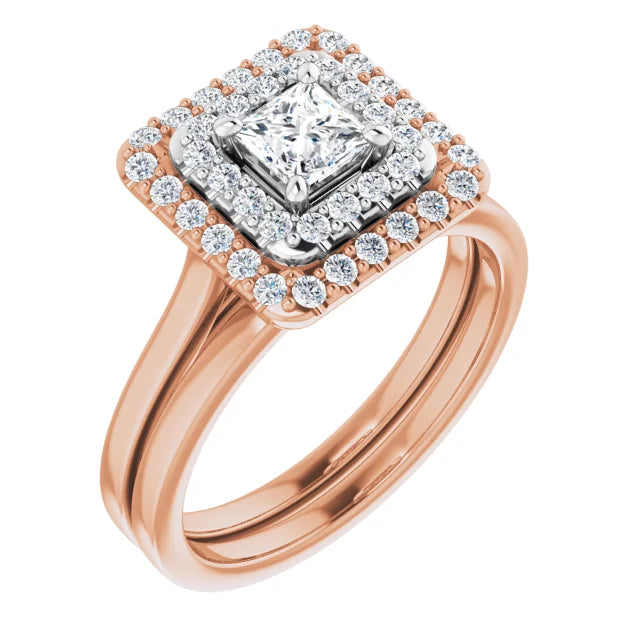 Princess White & Rose Gold Double Halo Solitaire Moissanite Engagement Ring