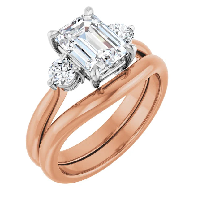 Emerald White & Rose Gold Tri Stone Moissanite Engagement Ring