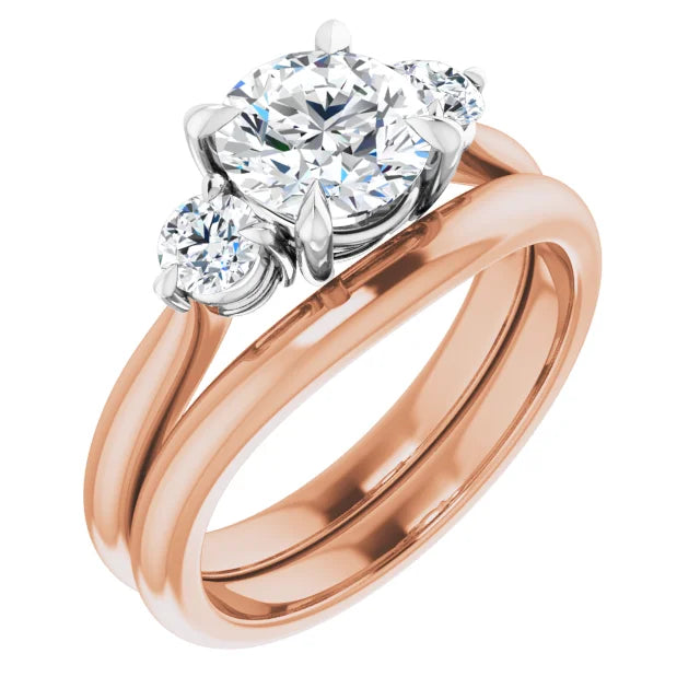Round Brilliant White & Rose Gold Tri Stone Moissanite Engagement Ring