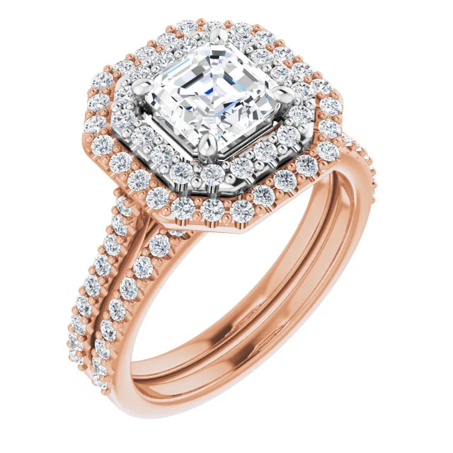 Asscher Double Halo White & Rose Gold Moissanite Engagement Ring