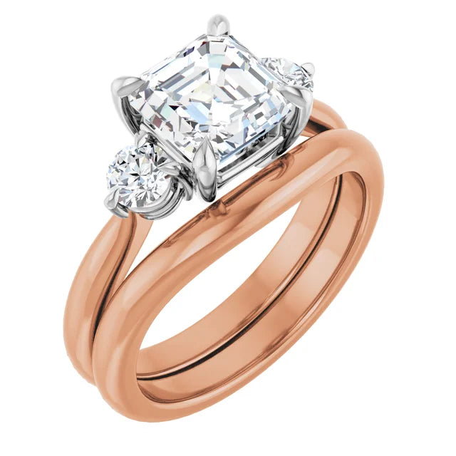 Asscher White & Rose Gold Tri Stone Moissanite Engagement Ring