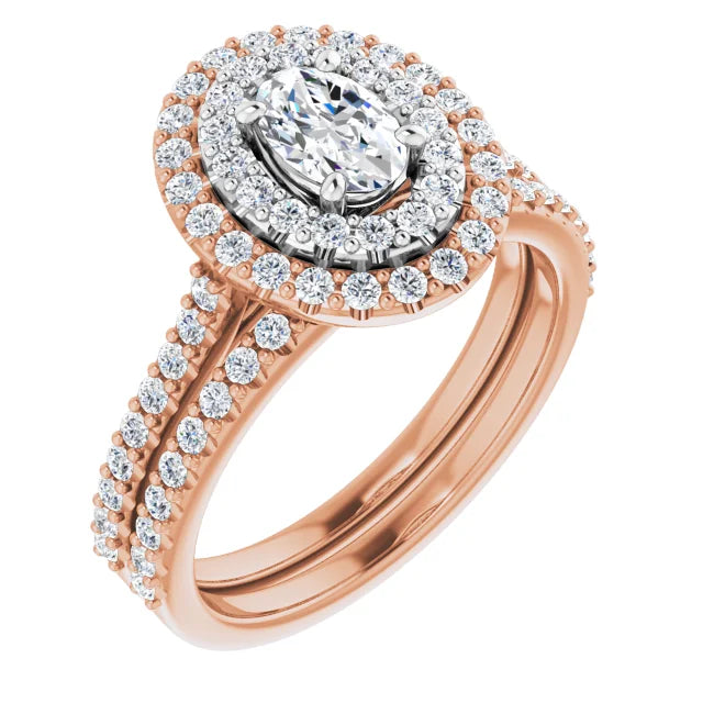 Oval Double Halo White & Rose Gold Lab Diamond Engagement Ring