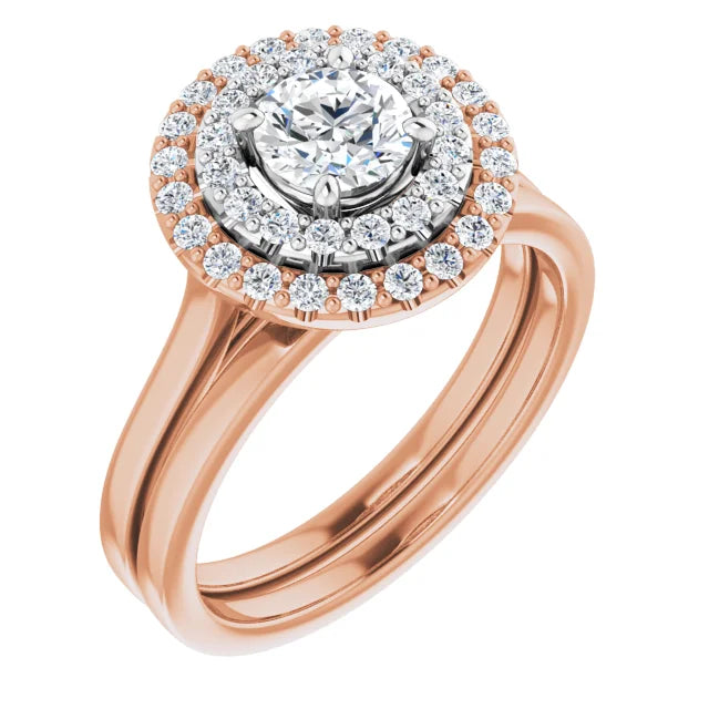 Round Brilliant White & Rose Gold Double Halo Solitaire Moissanite Engagement Ring