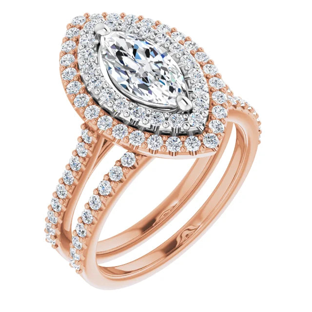 Marquise Double Halo White & Rose Gold Moissanite Engagement Ring