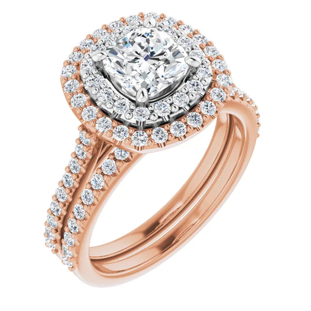 Cushion Double Halo White & Rose Gold Moissanite Engagement Ring
