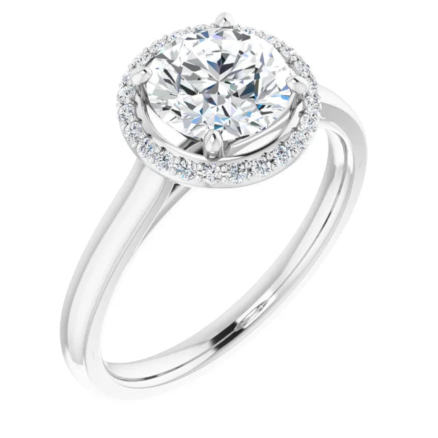 White Gold Round Brilliant Halo Solitaire Engagement Ring. Moissanite