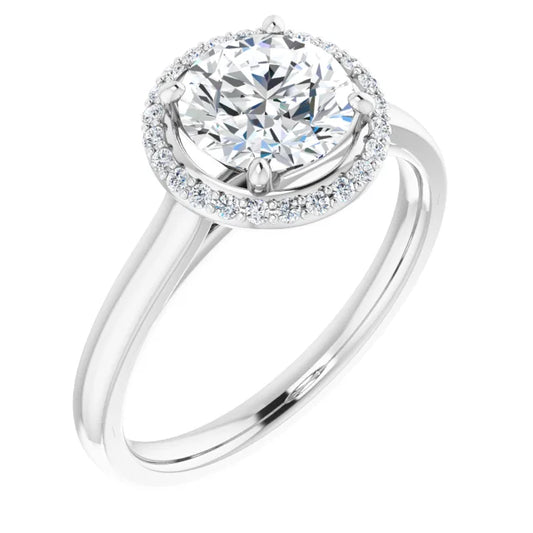 White Gold Round Brilliant Halo Solitaire Engagement Ring. Moissanite