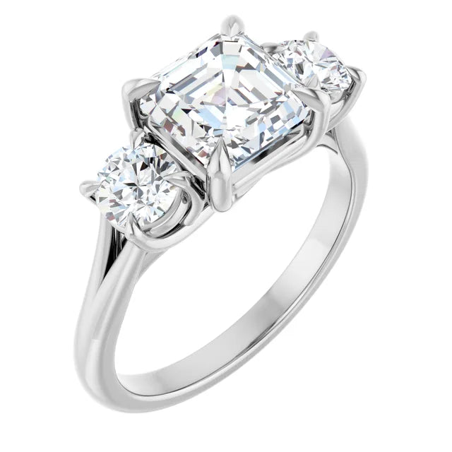 Asscher White Gold Tri Stone Moissanite Engagement Ring