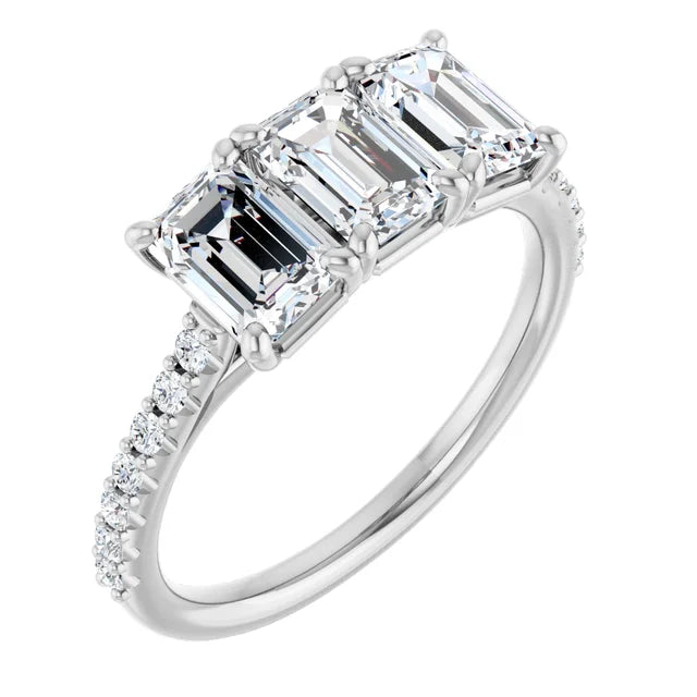Emerald White Gold Tri Stone Moissanite Engagement Ring