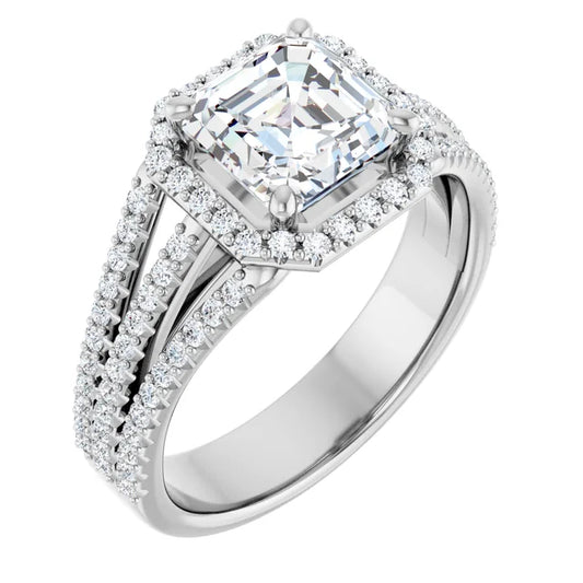 Asscher White Gold Halo Split Pave Moissanite Engagement Ring