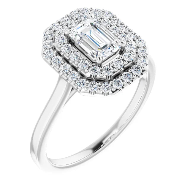 Emerald White Gold Double Halo Solitaire Moissanite Engagement Ring