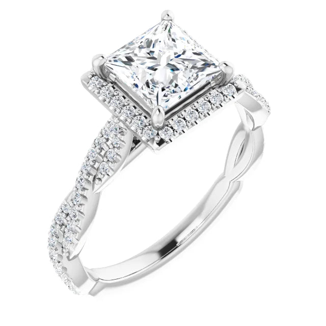Princess White Gold Halo Twist Pave Moissanite Engagement Ring
