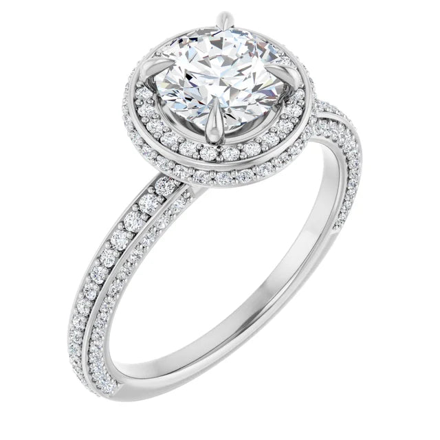 Round Brilliant White Gold Halo Pave Style Moissanite Engagement Ring