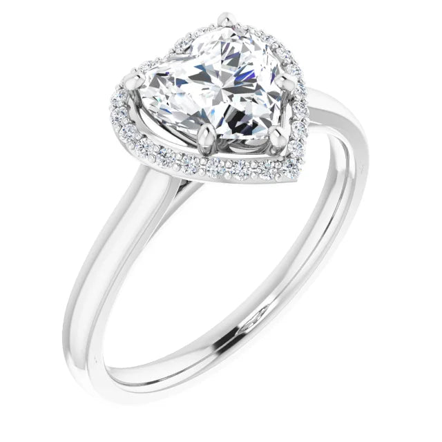 White Gold Heart Halo Solitaire Engagement Ring. Moissanite