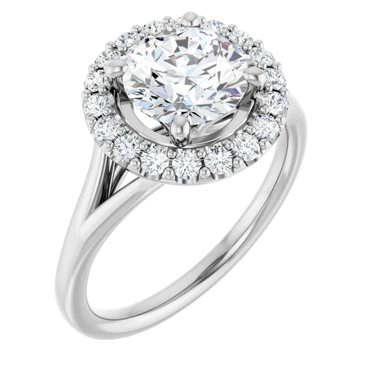 Round Brilliant White Gold Halo Solitaire Split Band Moissanite Engagement Ring