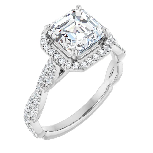 Asscher White Gold Halo Twist Pave Moissanite Engagement Ring